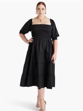 Hill House Black Smocked Midi Dress with Puff Sleeves